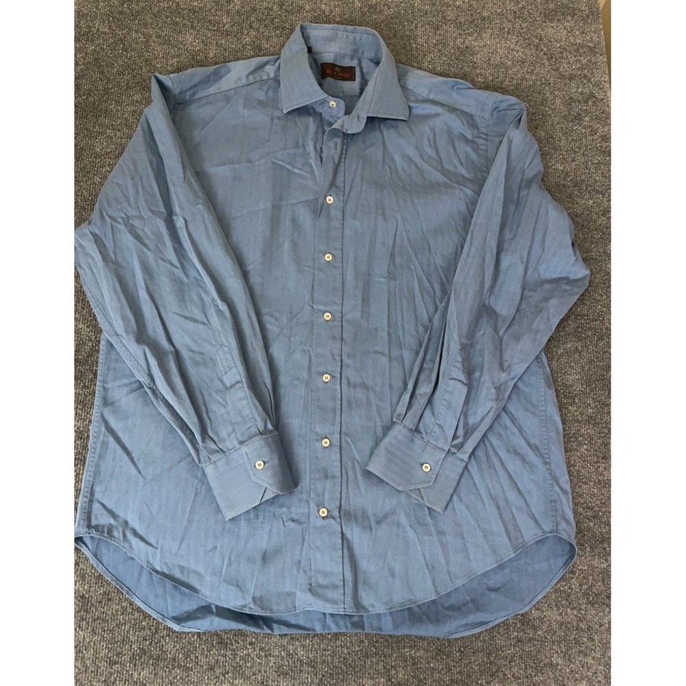Etro Milano Shirt Mens  Blue Cotton Button‎ Up Size 44 Made in Italy